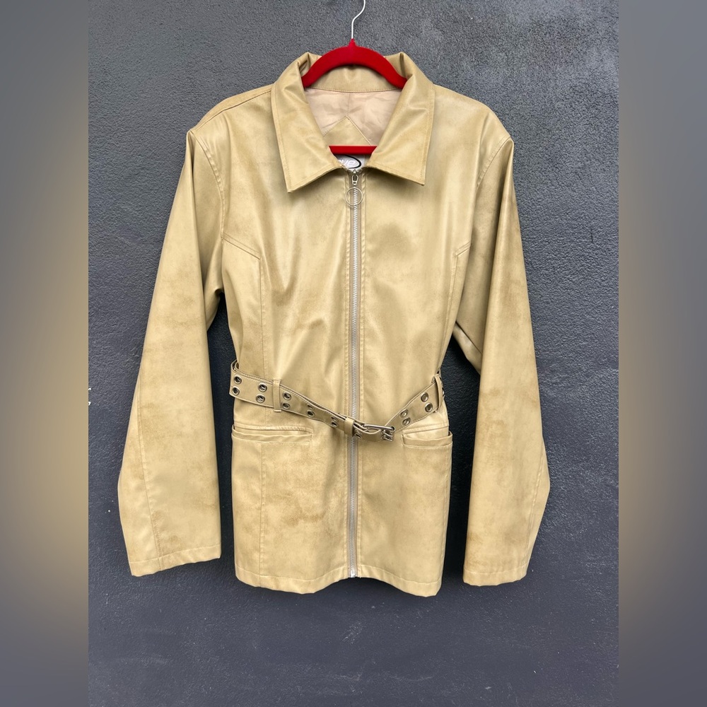 Rave Tan Leather Jacket with Belt and Classic Collar